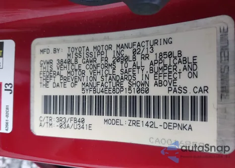 2013 Toyota Corolla Le из США, поврежденный, VIN 5YFBU4EE8DP151060